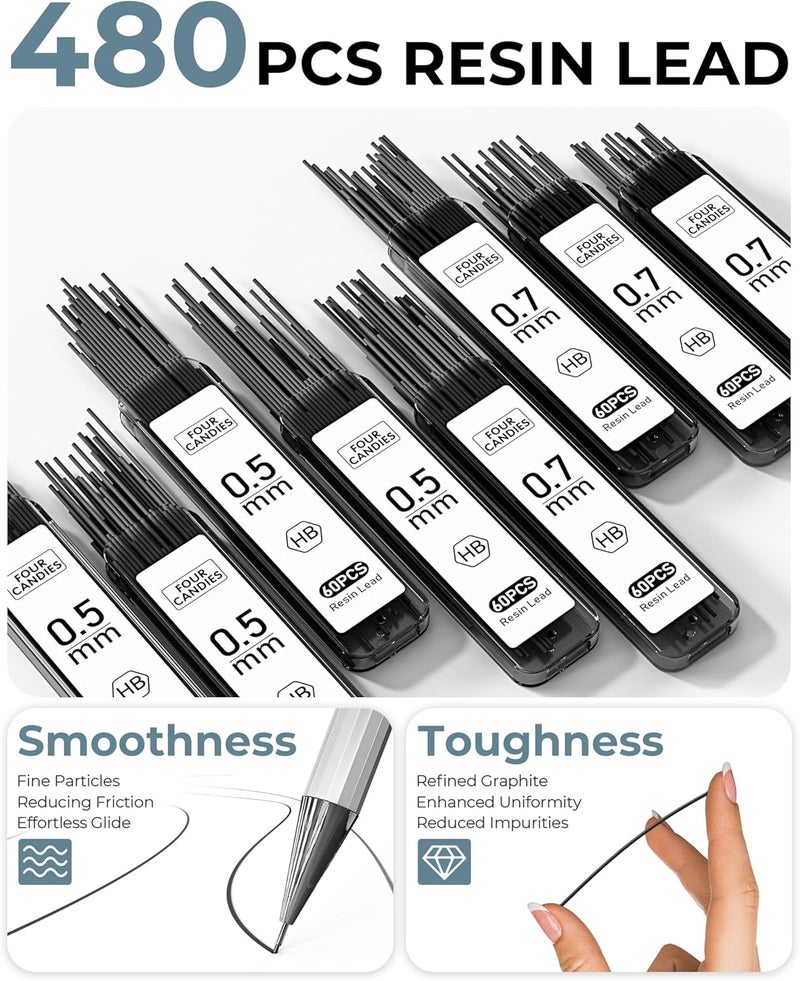 Four Candies 8PCS Metal Mechanical Pencils - 0.5 & 0.7mm with 8 Tubes HB #2 Lead Refills, Eraser Set and Eraser Refills, 20-Count Pack with Case, Lead Pencils Mechanical for Writing, Drawing, Drafting - Image 5